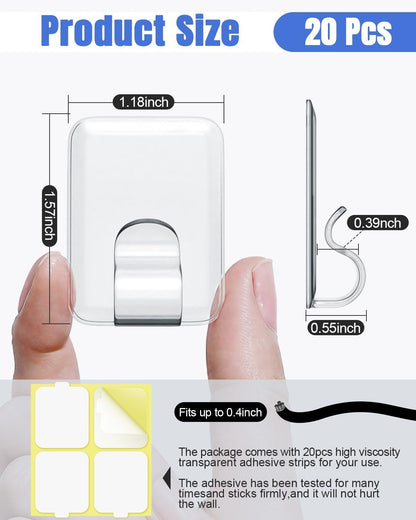 LZC Outdoor String Light Clips - 20 Pack Heavy-Duty Waterproof Adhesive Holders | Clear Rectangle Design