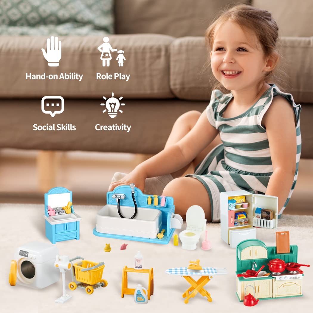 TAKIHON Dollhouse Furniture, Kitchen & Bathroom Toy Set,Fridge Washing Machine Set for Kids,Dollhouse Miniature Accessories,Educational Pretend Play Toys for Toddler,Boys & Girls