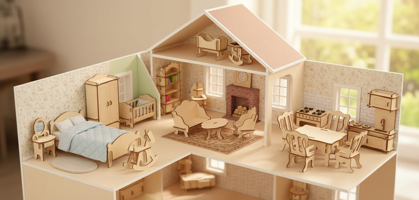BOHS Wooden Dolls House Furniture 1/12 Scale - 3D Puzzles for Miniature Dollhouse Furniture Accessories - Large,28 PCS