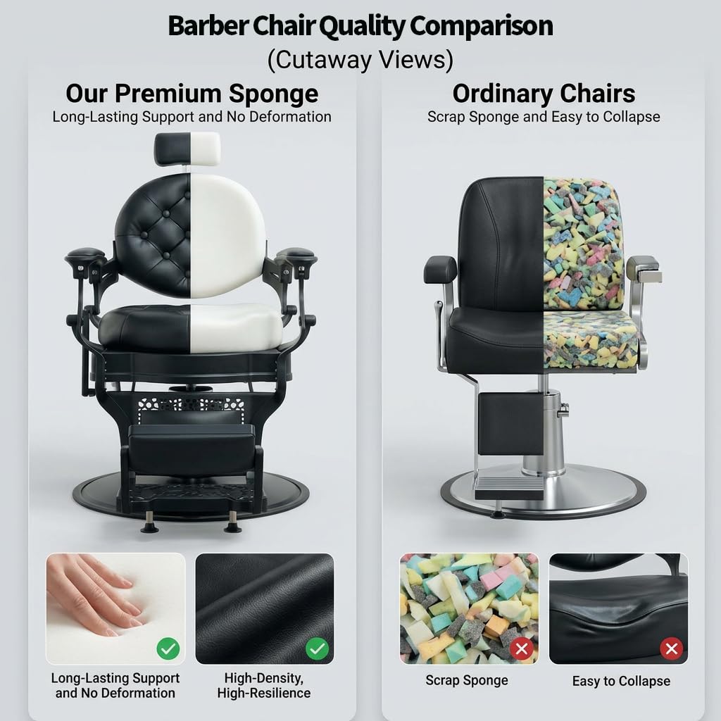 Grace&Grace Barber Salon Chair for Barbershop,Heavy Duty Recline Salon Chair for Hair Beauty Stylist Tattoo Home Barber (Black, Round Seat)