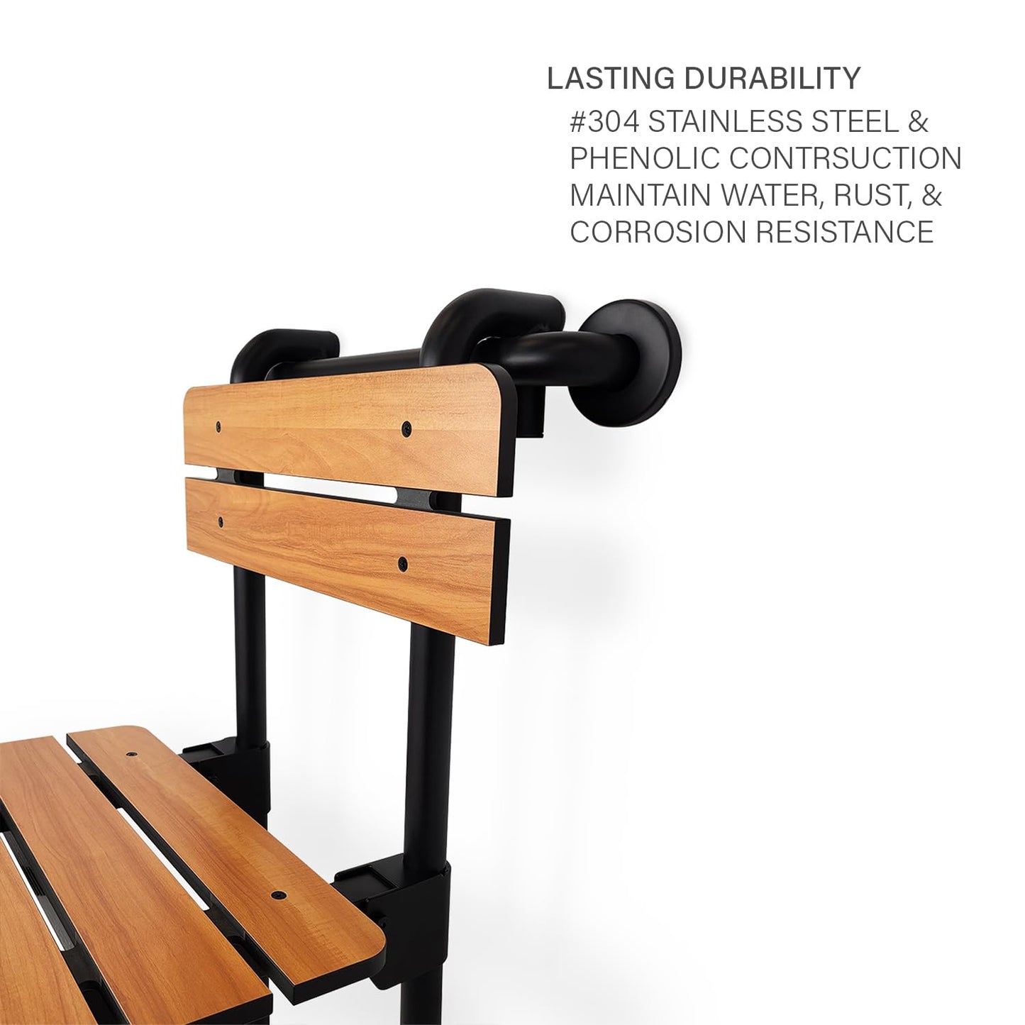 Seachrome Profile Folding Shower Seat with 18 inch Grab Bar, Removable Hanging Bench with Backrest & Legs, Teak Phenolic Seat, Black Semi-Gloss Grab Bar