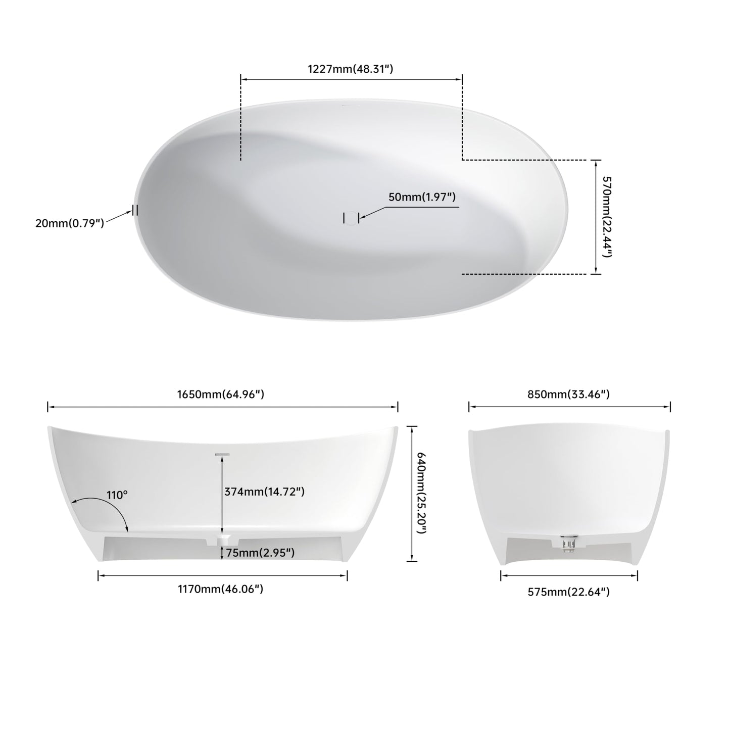 65'' Freestanding Solid Surface Resin Stone Bathtub, Freestanding Tub, Contemporary Design Stand Alone Tub with Pop-up Drain and Overflow, cUPC Certified, Matte White