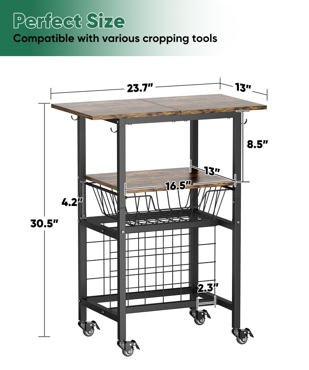 Queension Craft Cart with Wheels for Cricut Machines, Craft Organization and Storage Stand with Basket, Cutting Machine Stand for Cricut Accessories, Vinyl Roll Organizer, Black