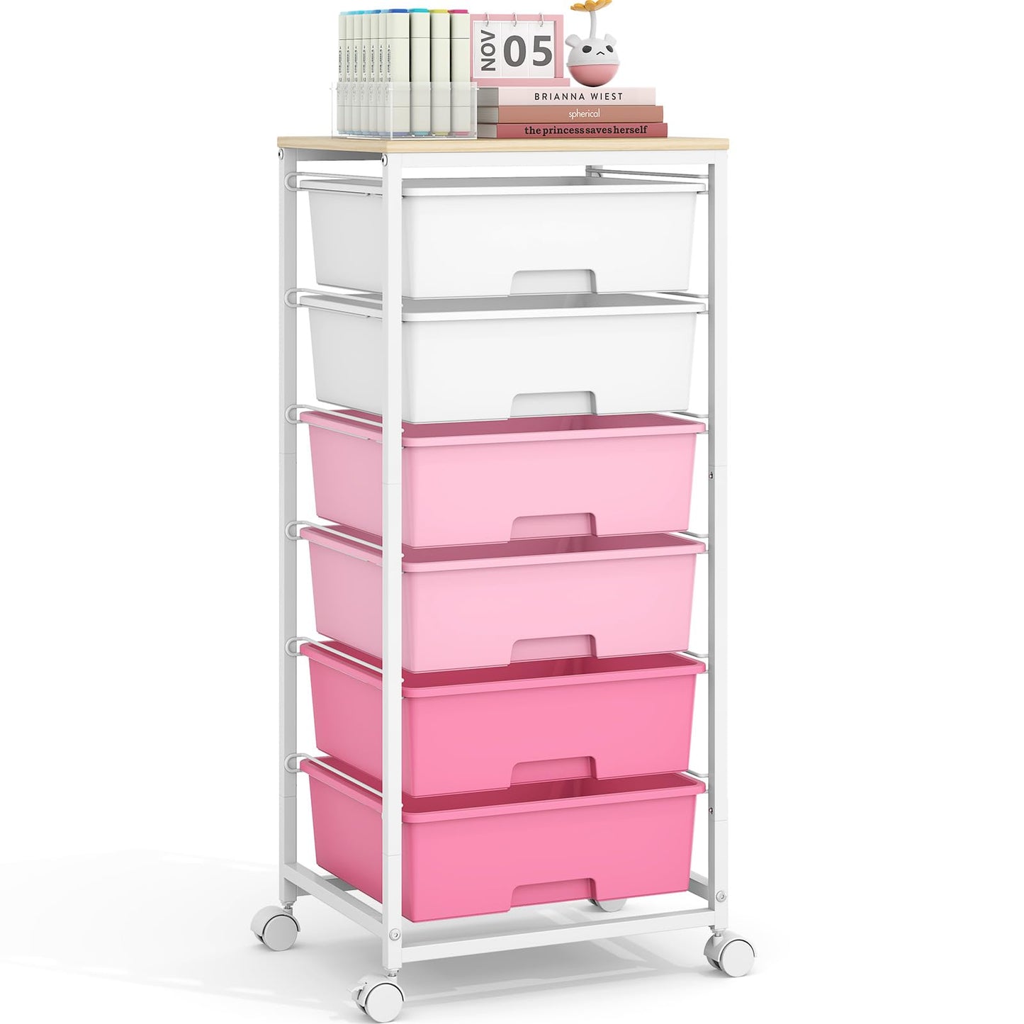 Rolling Storage Cart with 6 Drawers and Wooden Tabletop, Lockable Wheels Utility Cart for Art Studios, Office Supplies & Craft Room Organization (Pink)