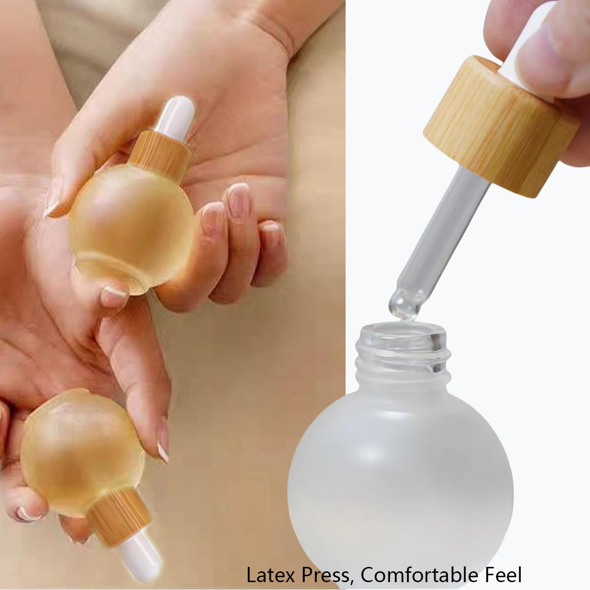 Rowcay Frosted Glass Dropper Bottles, 50ml Small Bulb Shape Essential Oil Dropper Bottle Perfume Dispenser Bottle with Dropper and Bamboo Lid for Essential Oils, Perfumes and Other DIY Liquids(4Pcs)