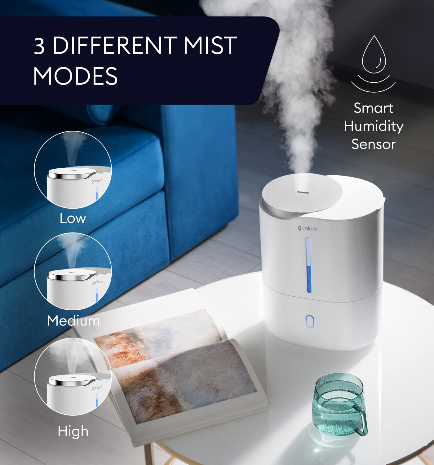GENIANI Ultrasonic Cool Mist Humidifier for Bedroom, Large Rooms, Home, 4L - Easy Fill & Clean Humidifier for Plants w/Auto Shut-off, 40H Runtime - Quiet, Top Fill Air Humidifier
