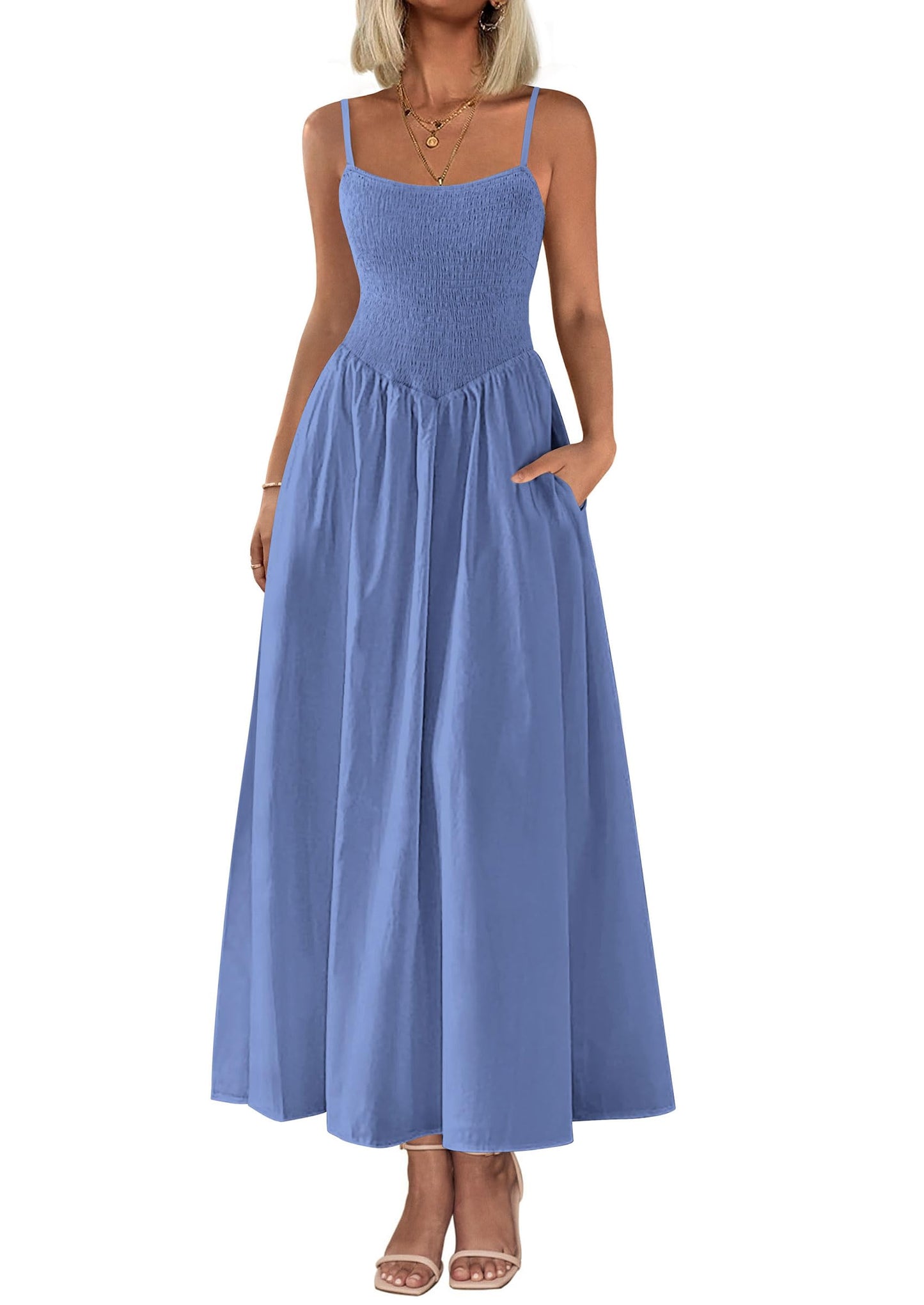 PRETTYGARDEN Women's Smocked Maxi Dresses 2025 Summer Beach Sundress Casual Spaghetti Strap Swing A Line Long Flowy Dress (Blue,Small)