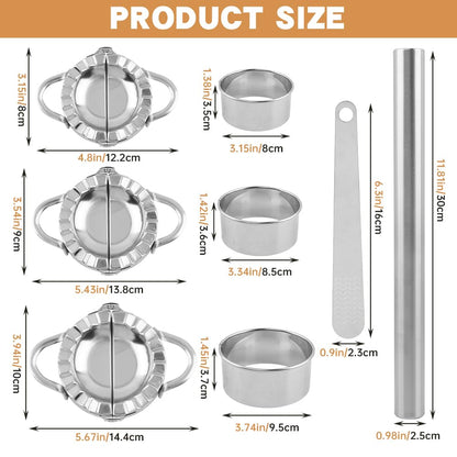 Stainless Steel Dumpling Maker Set, 3 Dumpling Maker Press + 3 Dough Cutter + 1 Stuffing Scoop +1 Rolling Pin, Easy tool for Dumpling-Wrapper Dough Stamp Cutter Pastry Pie Making(COLOR:Silver)