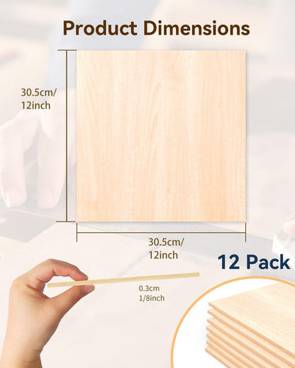 12 Pack Basswood Sheets for Crafts-12 x 12 x 1/8 Inch- 3mm Thick Plywood Sheets with Smooth Surface-Unfinished Craft Wood Boards for Engraving and Cutting, Architectural Models, Staining