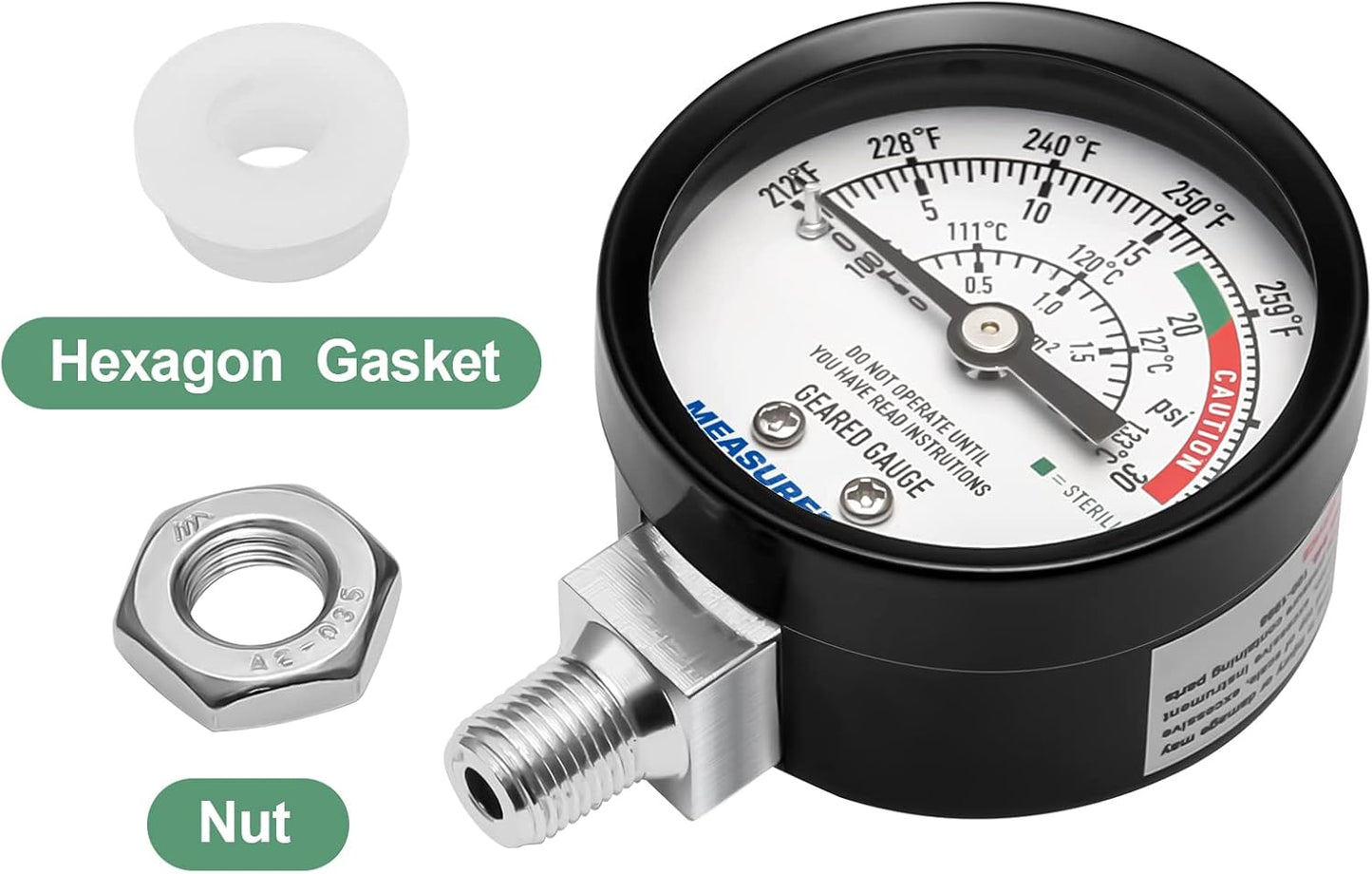 MEASUREMAN Black Steel Pressure Cooker Gauge, 2" Dial Pressure Canner Gauge, Lower Mount with Hexagon Gasket and Nut