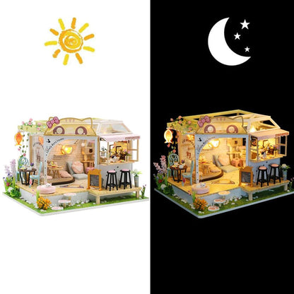 Cat Cafe Wooden Miniature Dollhouse Kit DIY Pet Cat Coffee Shop Building Model Accessories with Furniture LED Light Music Box Birthday (Without Dust Cover)