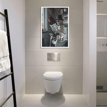 Funny Horror Skeleton Reading A Newspaper In The Toilet Print Picture Poster Whimsical Creepy Canvas Painting Wall Art Home Bathroom Room Decor Aesthetics 12X18 in Unframed