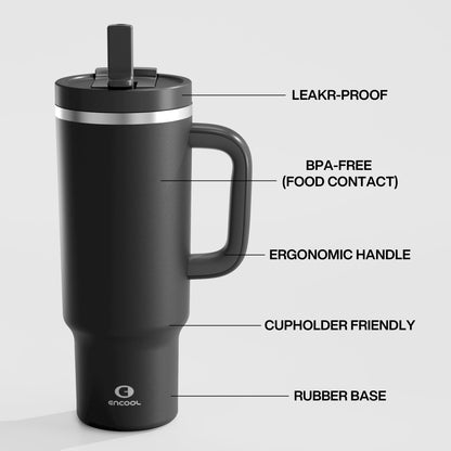 40 oz Tumbler with Handle and Straw: Stainless Steel Insulated Tumbler Keeps Cold for 24 Hours, Leakproof Travel Cup Fits in Cup Holder and BPA-Free, Black Night