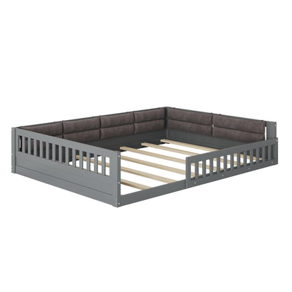 Merax Full Size Upholstered Platform Bed with Guardrail & Pillow, Solid Pine Wood Bed Frame, No Box Spring Needed, 600 lbs Capacity Safety Guaranteed Easy to Assemble for Bedroom, Gray
