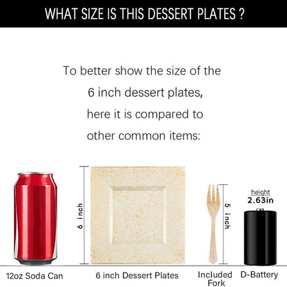 DaYammi 200Pcs Gold Dessert Plates Including 100Pcs Appetizer Plates 6",100Pcs Plastic Forks 5.7",Gold Glitter Plastic Square Plate for Party,Gold Salad Plate and Cake Forks for Party Wedding