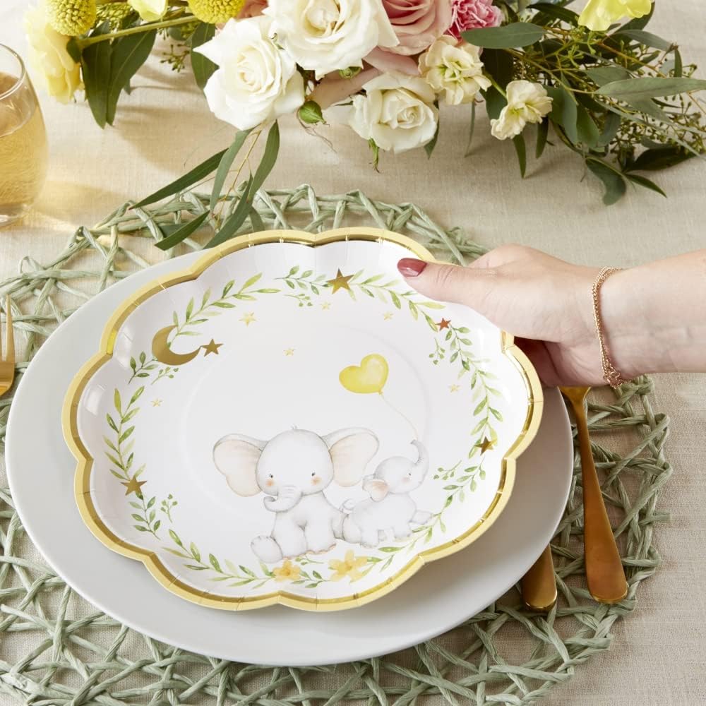Kate Aspen Elephant Baby Shower 9 in. Premium Decorative Paper Plates, Set of 16 (350 GSM weight) | Party Supplies