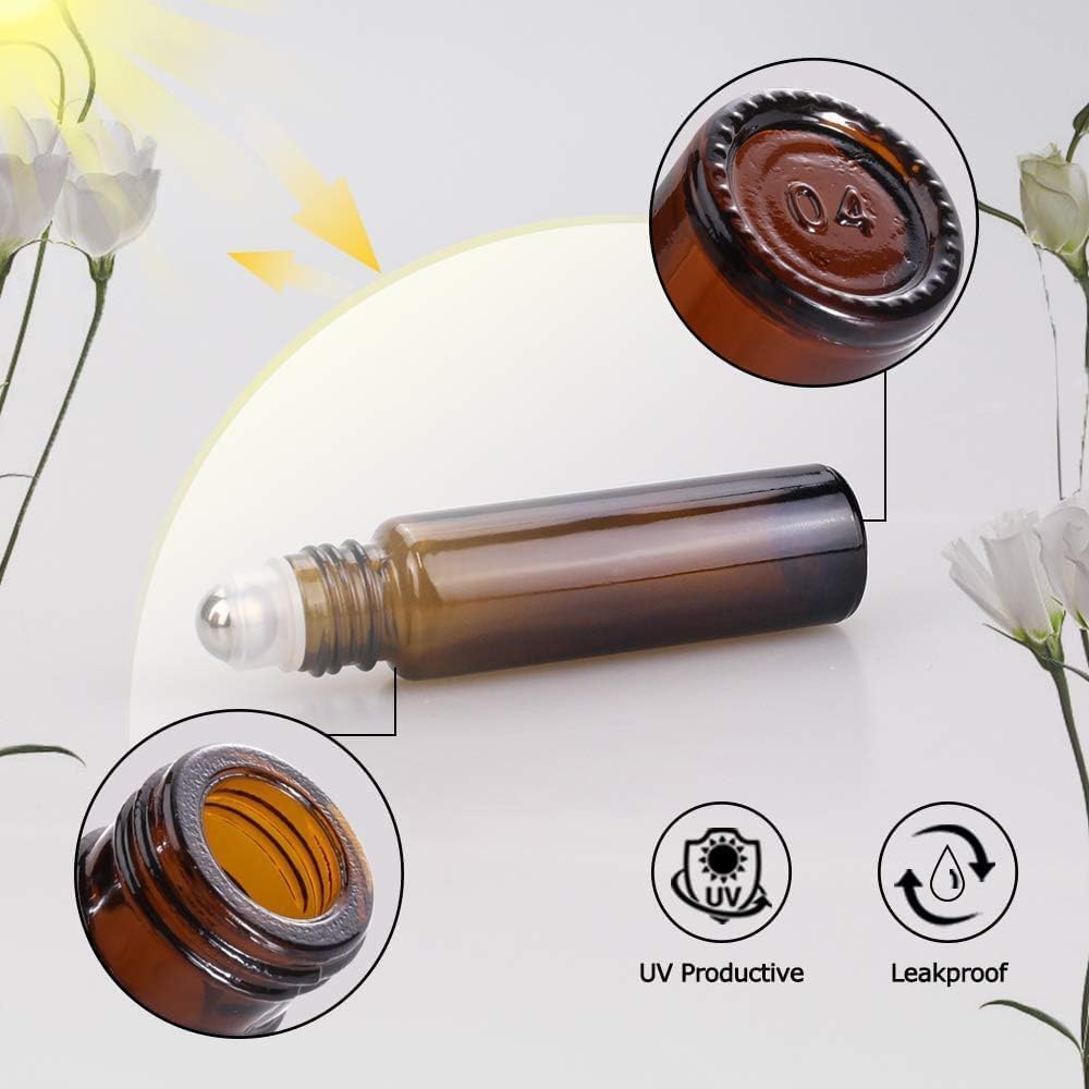 sungwoo 25 Pack Essential Oil Bottles, 10ml Amber Glass Bottles with Stainless Steel Roller Balls and Caps for Travel, Perfume and Lip Gloss