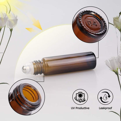 sungwoo 25 Pack Essential Oil Bottles, 10ml Amber Glass Bottles with Stainless Steel Roller Balls and Caps for Travel, Perfume and Lip Gloss