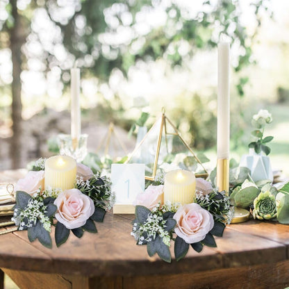 2 Pack Artificial Rose Candle Rings, Christmas Floral Wreaths with Eucalyptus Leaves Greenery Garland for Pillar Candle Lantern Wedding Centerpiece Party Home Fall Table Decor (Pink)