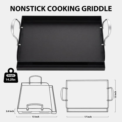 Utheer 17" x 13" Nonstick Coating Cooking Griddle for Gas Grill, Universal Griddle Flat Top Plate Insert with Grease Groove and Removable Handles for Charcoal/Gas Grills, Camping, Tailgating, Parties