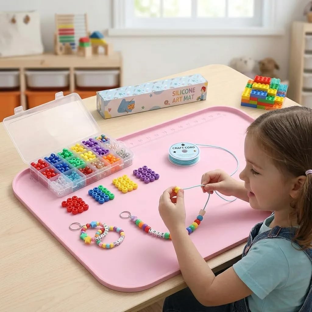 AWOKE 24"x16" Silicone Mats for Crafts with 0.7" High Edges, Large Leak-Proof Art Mat for Playdoh, Resin, Painting, Clay, Slime,Beads, Lego, Puzzle, Non-Stick & Non-Slip Table Protector for Kids, Pink