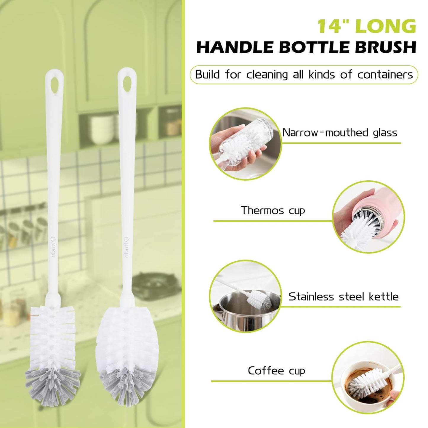QLTUDN 2 Pack 14 Inch Bottle Brush & 12 Inch Straw Brush Cleaner Set - Heavy Duty Kitchen Bottle Brushes for Cleaning Water Bottles, Mugs, Sippy Cups & Tumblers, Lab Use (Large)