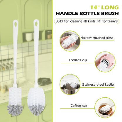 QLTUDN 2 Pack 14 Inch Bottle Brush & 12 Inch Straw Brush Cleaner Set - Heavy Duty Kitchen Bottle Brushes for Cleaning Water Bottles, Mugs, Sippy Cups & Tumblers, Lab Use (Large)