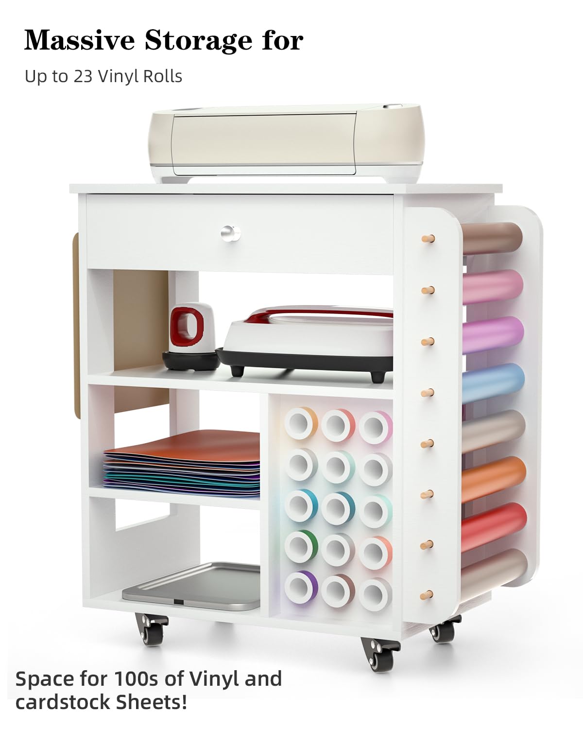 Craft Organizers and Storage Table Compatible with Cricut Machine, VDamu Crafting Cabinet Cart with Vinyl Roll Holder for Craft Room Home Office
