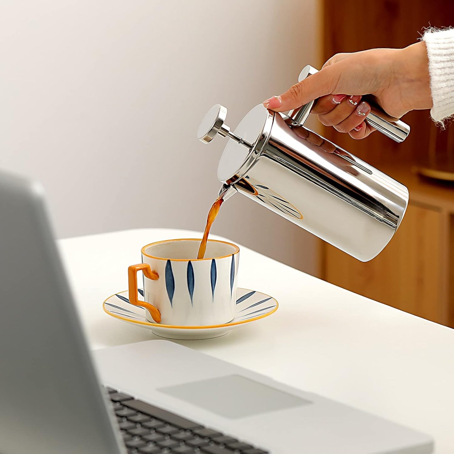 French Press Coffee Maker, 34oz Double-Wall Insulated Stainless Steel, 1L, Includes 2 Extra Screens and 1 Coffee Spoon