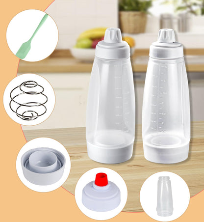 Korvanta Pancake Batter Dispenser,Pancake Batter Dispenser Bottle with Whisk Ball and Stand Base, Batter Mixer and Dispenser for Pancakes, Crepes, Waffle,Kitchen Baking Tool 2 Packs