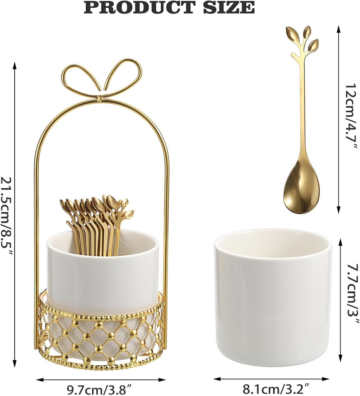 ELLDOO Coffee Spoon Set, 8 Stainless Steel Gold Leaf Coffee Spoons with White Ceramic Holder