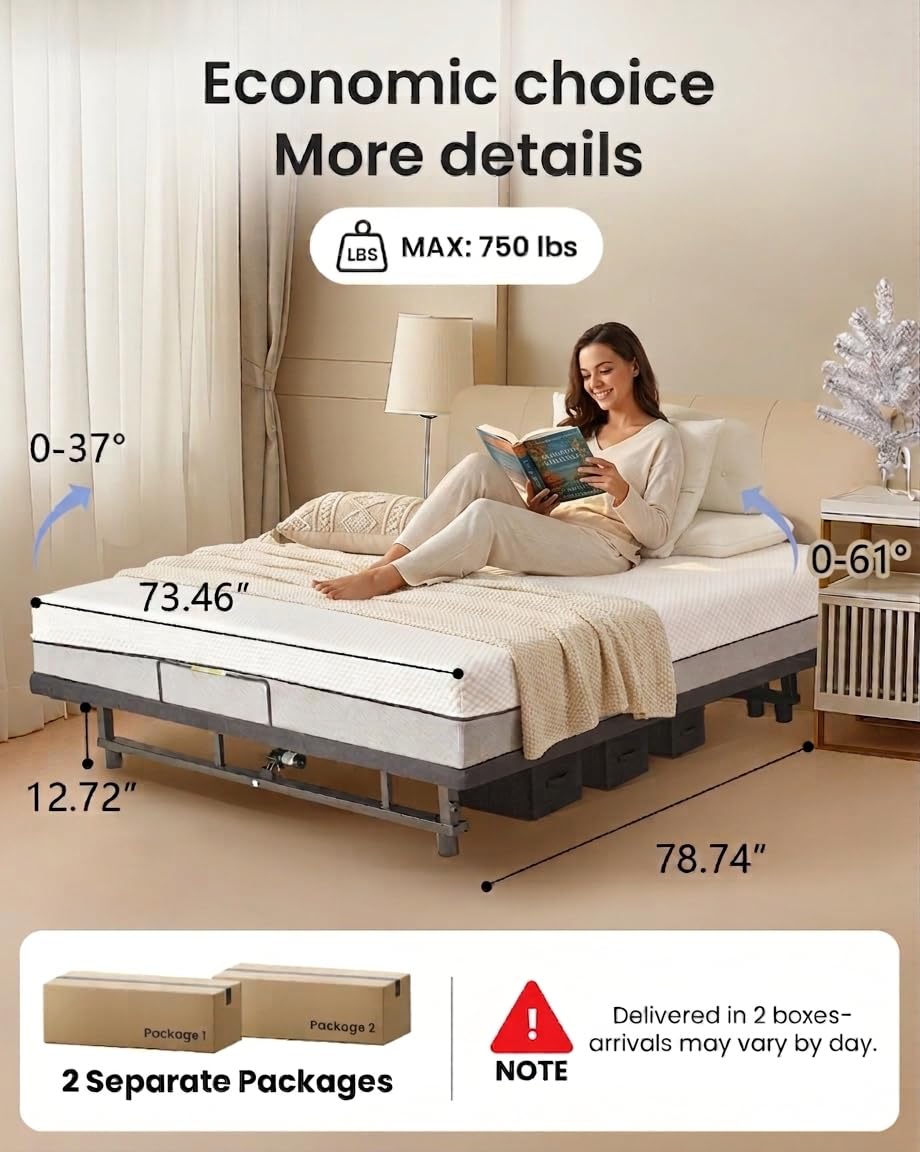 Mixcous King Adjustable Bed Frame Heavy Duty 750 lbs - Zero Gravity Electric Base with Wireless Remote for Back Pain Relief, Head & Foot Incline, Easy Assembly