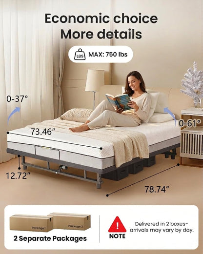 Mixcous King Adjustable Bed Frame Heavy Duty 750 lbs - Zero Gravity Electric Base with Wireless Remote for Back Pain Relief, Head & Foot Incline, Easy Assembly