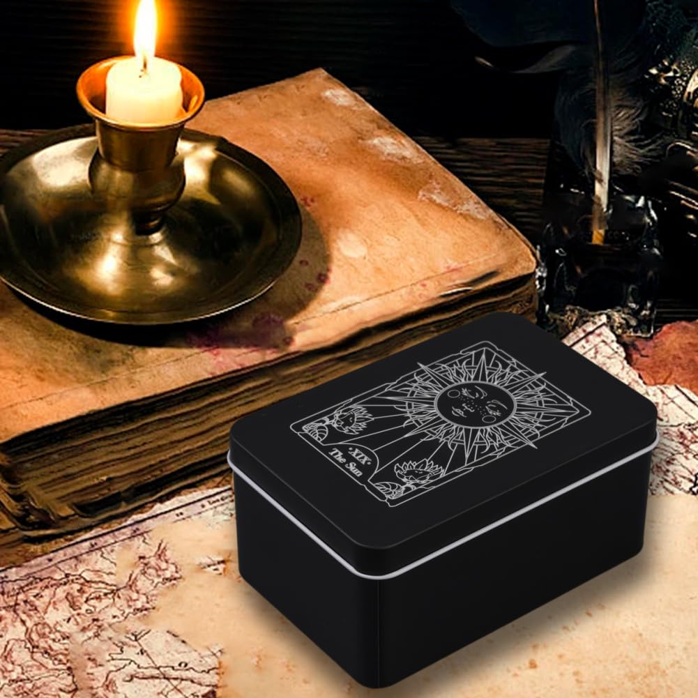 CREATCABIN Iron Tarot Cards Storage Box Tarot Card Holder Box Black Sun Metal Trinkets Case Tin Tarot Card Collection Boxes Deck Cases for Jewelry Fortune Telling Witchcraft Decor 3x5x2Inch