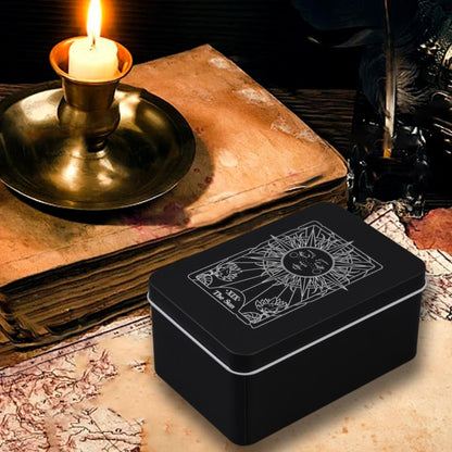 CREATCABIN Iron Tarot Cards Storage Box Tarot Card Holder Box Black Sun Metal Trinkets Case Tin Tarot Card Collection Boxes Deck Cases for Jewelry Fortune Telling Witchcraft Decor 3x5x2Inch