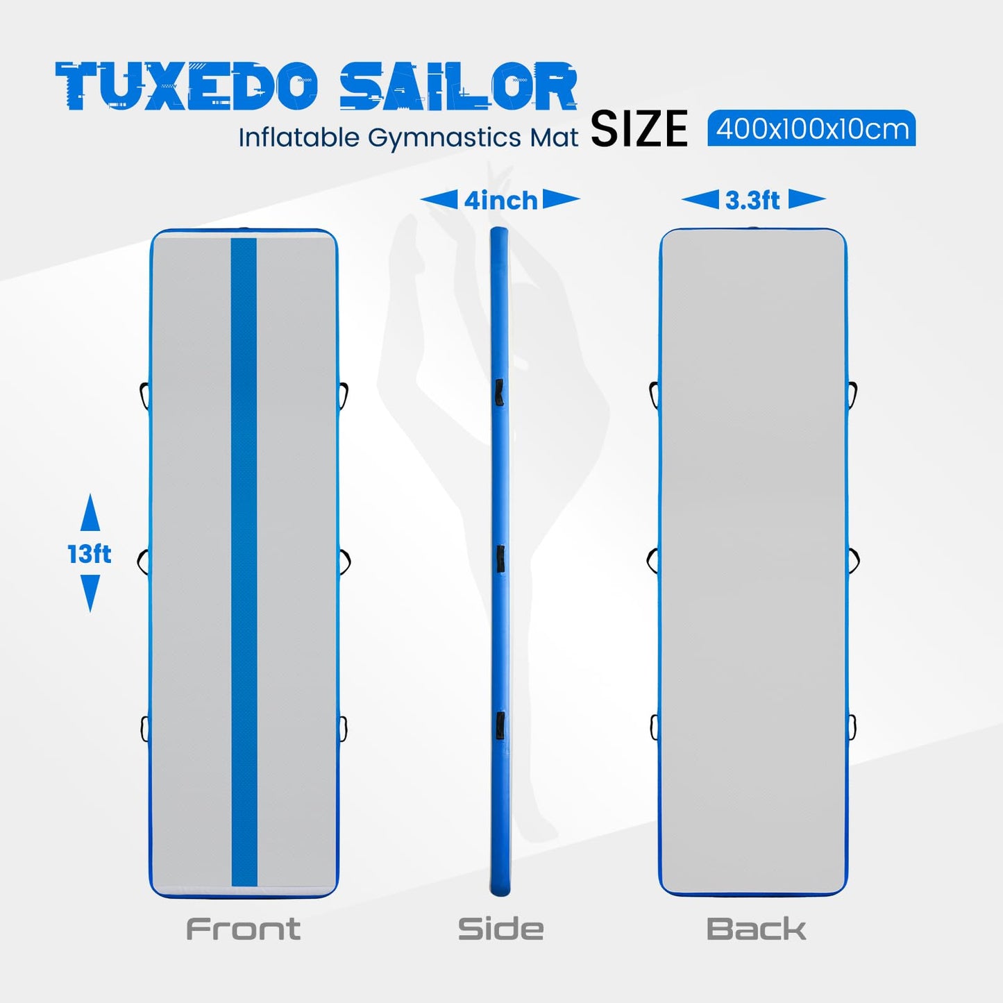 Tuxedo Sailor Inflatable Gymnastics Mat with Electric Pump, Storage Bag, Repair Kit–Air Mat for Home Training, Cheerleading, Yoga