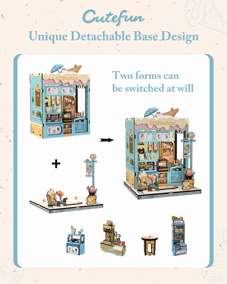 Cutefun Book Nook Kit - DIY Miniature Dollhouse Kit for Adults and Teens, 3D Wooden Puzzle Bookshelf Insert Decor with LED Light, Gifts for Book Lovers and Beginners (Bella's Ice Cream)