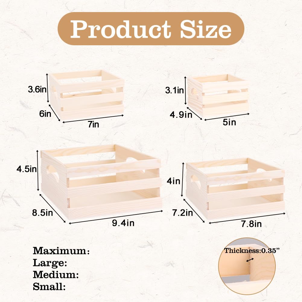 GRETJOB Wooden Crates with Handles, 4 Set Rustic Wooden Crates for Display, Small Wood Crates Box for for Kitchen, Office, Bedroom, Closet, Rustic Country Decor