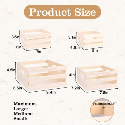 GRETJOB Wooden Crates with Handles, 4 Set Rustic Wooden Crates for Display, Small Wood Crates Box for for Kitchen, Office, Bedroom, Closet, Rustic Country Decor