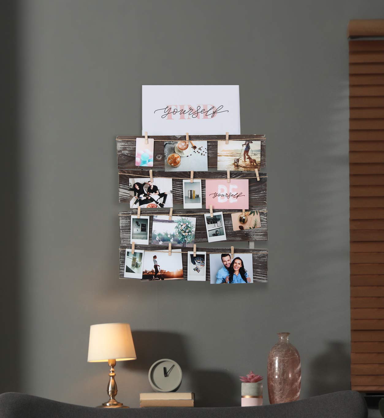 J JACKCUBE DESIGN Wall Mount Rustic Wood Clip Photo Holder, Photo Collage Frame for Multi Photo Display Wall Décor with 24 Clips 17.5 X 17.3inch - MK558A