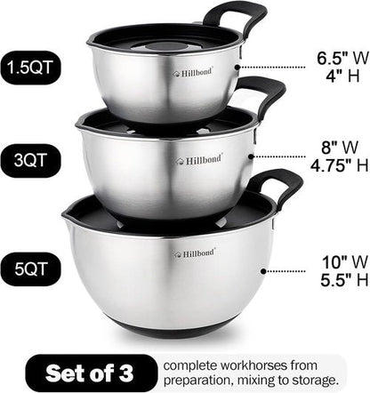 Hillbond Stainless Steel Mixing Bowls Set - 3 Bowls with Lids, Pour Spout & Non-Slip Bottoms | Black