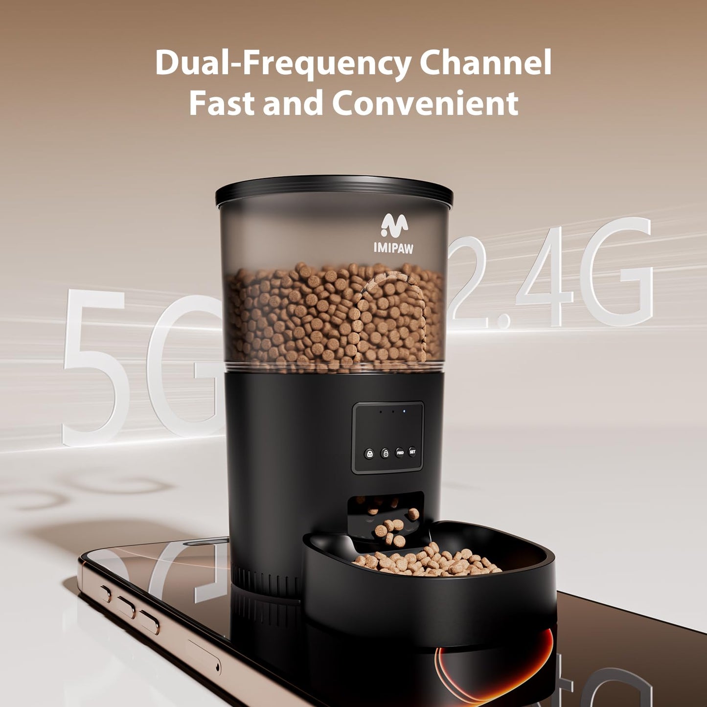 IMIPAW Automatic Cat Feeder, 5G WiFi Cat Food Dispenser with APP Remote Control, Pet Dry Food Smart Feeder, Programmable Timed Feeding, Dual Power Supply, 1-10 Meals Per Day