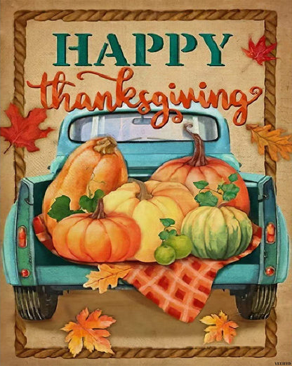 YEEIFFD DIY 5D Pumpkin Truck Diamond Painting Kits for Adults Kids Full Round Drill Happy Thanksgiving Diamond Art Painting Gem Art Craft for Home Wall Decor Gift 12x16 inch