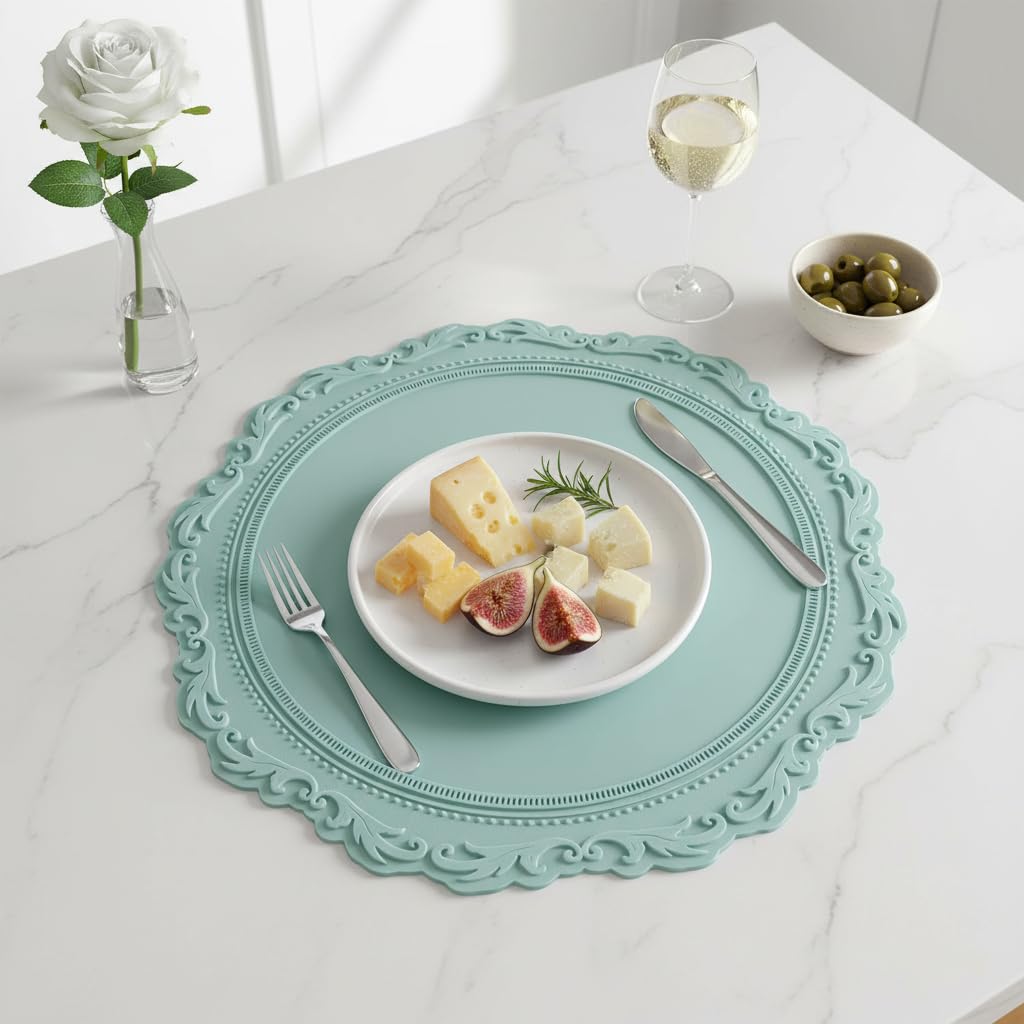 2 Pack Round Silicone Placemats Set, 13.38 Inch Diameter European Style Decorative Table Mats, Heat Resistant Waterproof Non-Slip Easy Clean Dish Mats for Dining Table & Kitchen Counter (Green)