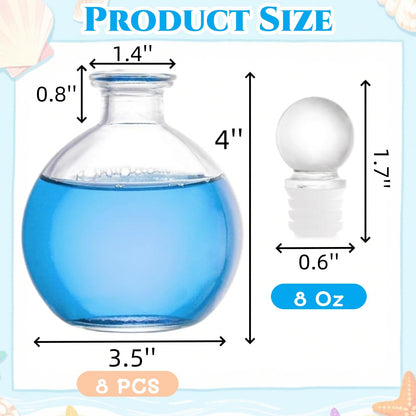 Acshio 8 Pack Spherical Glass Bottles, 8 Oz Round Bottle with Stopper, Glass Sphere Jar Reusable Refillable Bottles for Sand Costume Props DIY Crafts