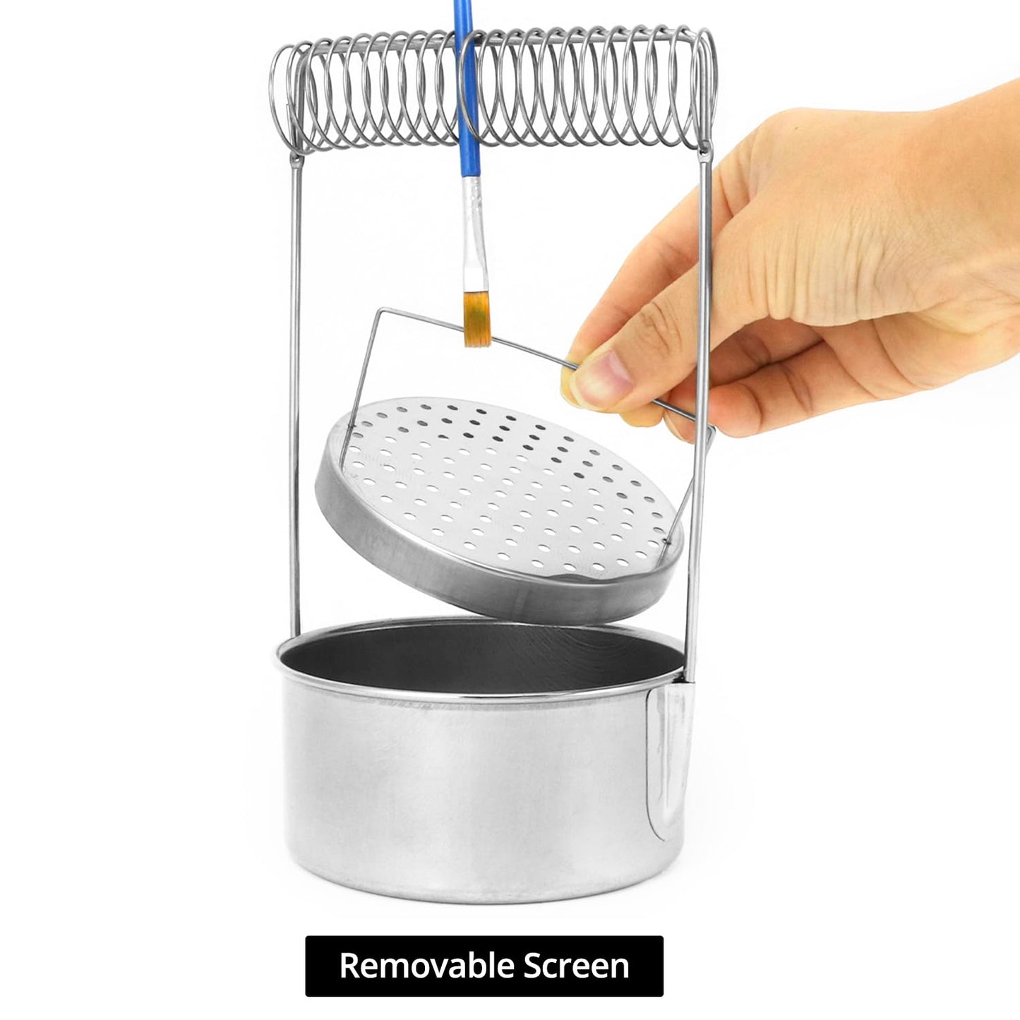 QWORK Portable Artist Brush Washer with Removable Screen, Stainless Steel Paint Brush Cleaner Tank & Spring Holder for Water, Oil, Acrylic Paints, Ideal for Artists, Students & Travelers