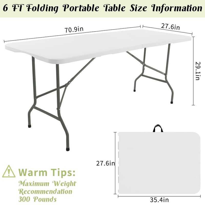 Fivenl 2 Pack 6 FT Folding Tables White Foldable Table, Fold-in-Half with Carrying Handle Portable Plastic Rectangular Table for Party, Dining, Wedding, Camping, Picnic, Indoor Outdoor Events