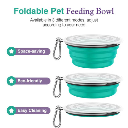 Pawaboo Collapsible Dog Bowls 2 Pack, Silicone Feeding Watering Bowls with Lids & Carabiners for Dogs Cats, Portable Collapsable Water Feeder Food Bowl for Walking Traveling Home Use, VioletTurquoise