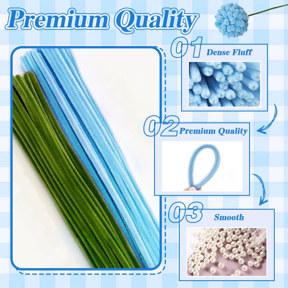 300Pieces Blue Pipe Cleaners Flower Kit with 20 Floral Wires, Floral Tape etc, Fluffy Blue Green Pipe Cleaners Craft Supplies, DIY Flower Kit for Wedding Mother's Day Gift, Holiday Decoration