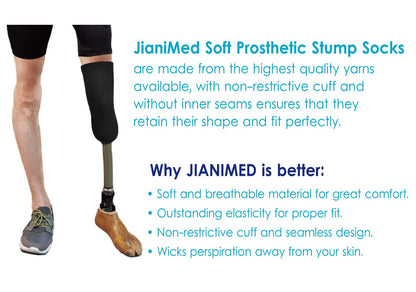 JianiMed Cotton Prosthetic Stump Socks – BK, 1 PLY, Light Compression, Soft, Thin, Amputee Socks, Taiwan Excellence, 4 PCS XL/2XL/3XL